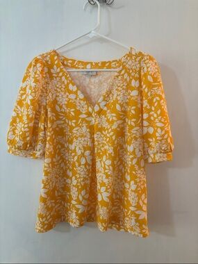 LOFT Yellow and White Floral V-Neck Puff Sleeve Blouse